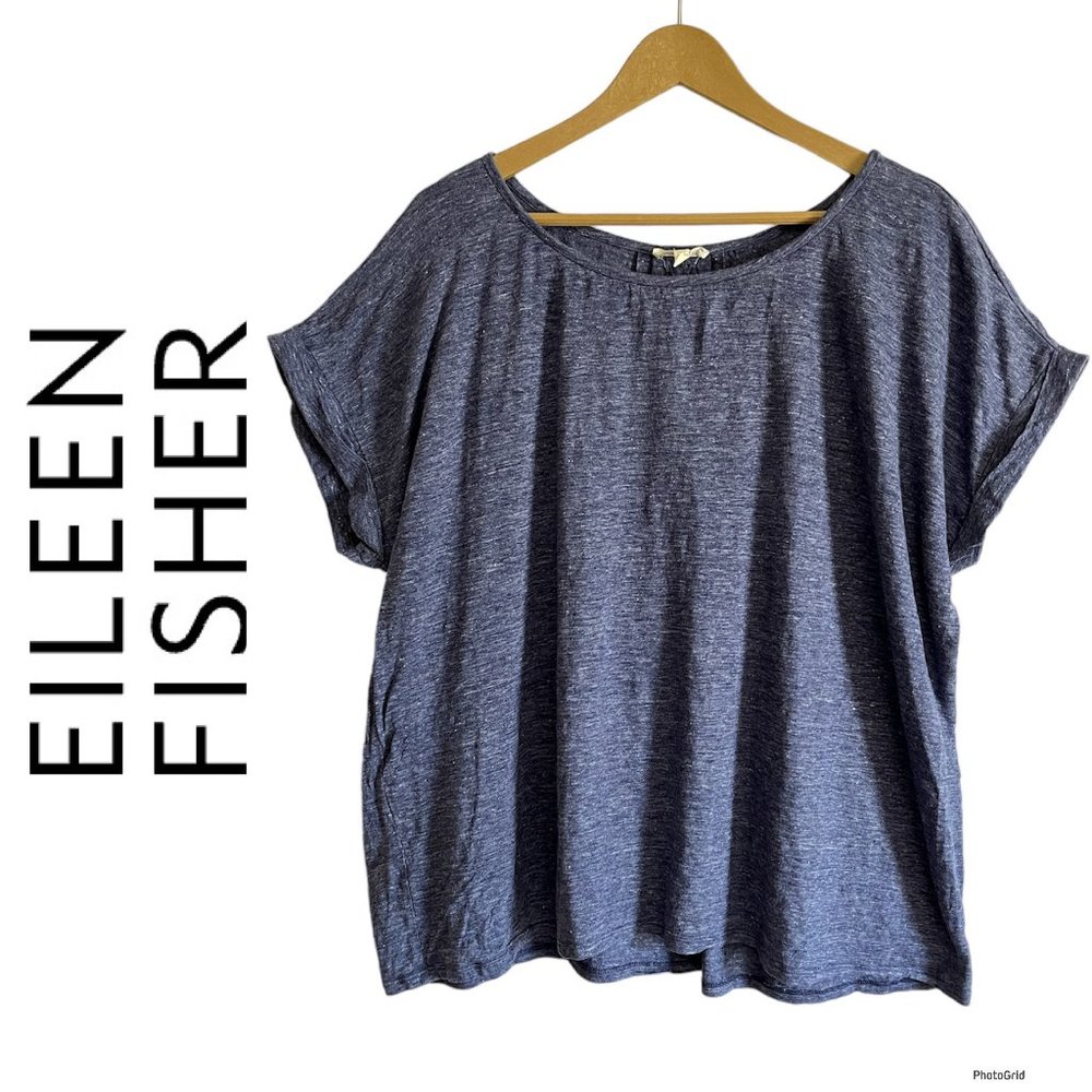 ❌Eileen Fisher L 100% Linen T-shirt Tee Large Short Sleeve Blue Heathered